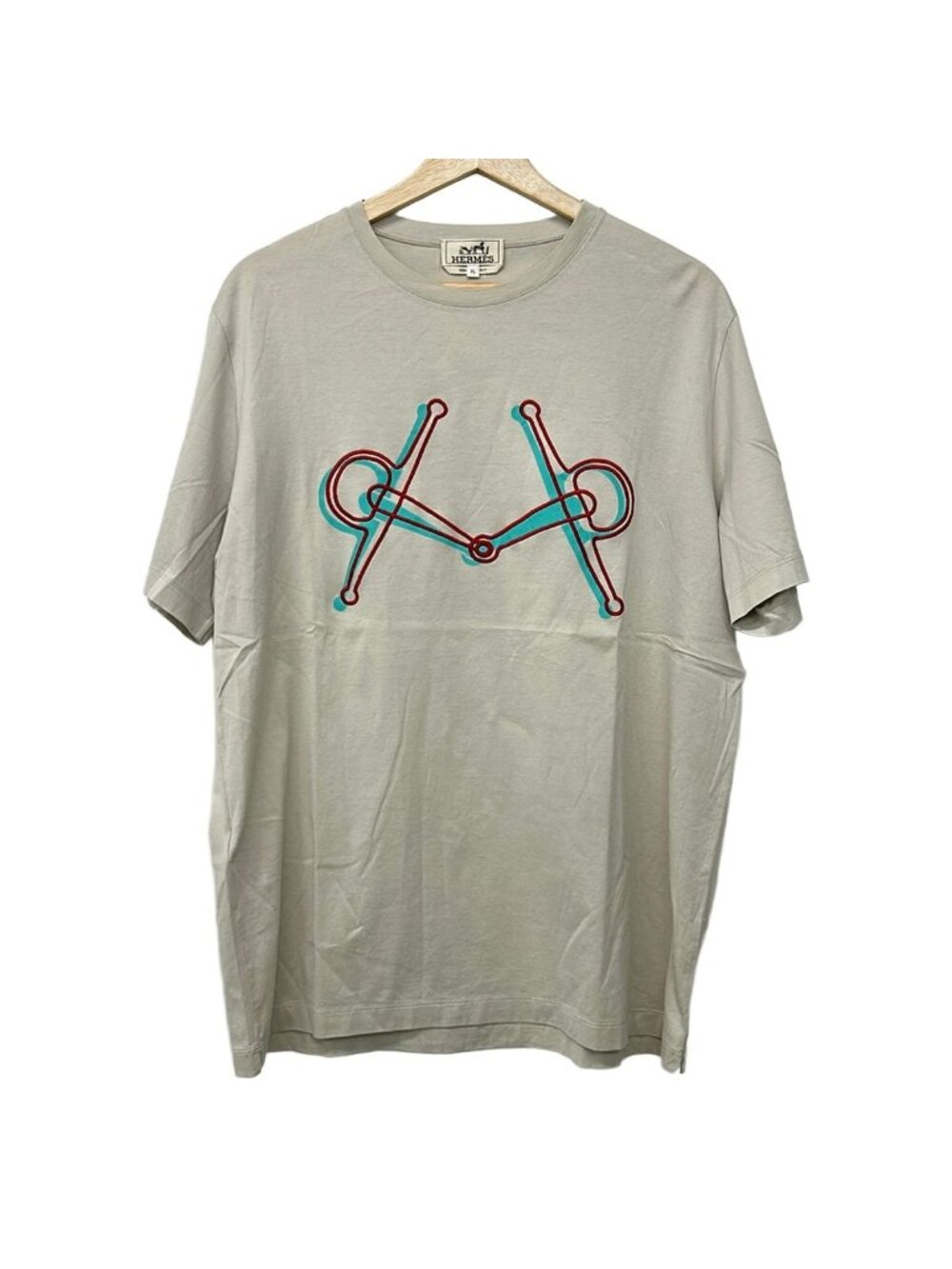 Hermes Short Sleeve T-Shirt Gray Beige Blue Green Crew Neck Embroidery XL